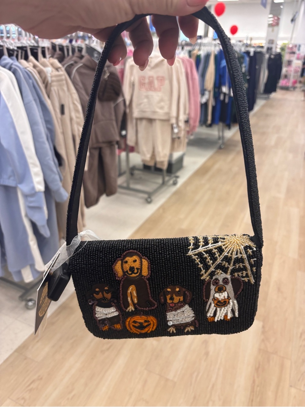 Beaded Halloween Dog Motif Shoulder Bag - Black